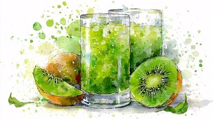 水彩绘猕猴桃饮品与鲜果
