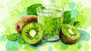 水彩绘猕猴桃与绿色果汁