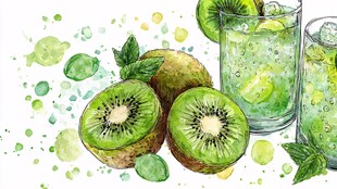 水彩绘奇异果与清爽饮品
