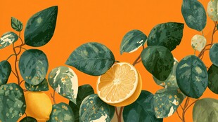 橙色背景下的柠檬与绿叶