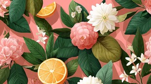 粉色花卉与橙子图案背景