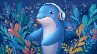 戴耳机的可爱海豚插画