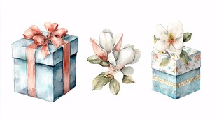 水彩风礼物与花卉组合