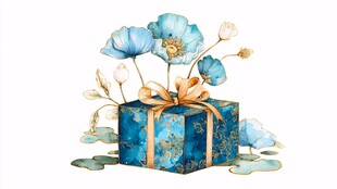 蓝色花卉礼盒水彩插画