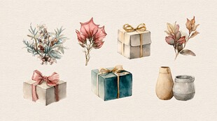 水彩风礼物与花卉装饰元素