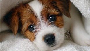 可爱小萌犬躲在毛毯之下