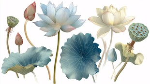 清新水墨风荷花荷叶组合