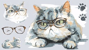 戴眼镜的萌趣猫咪插画