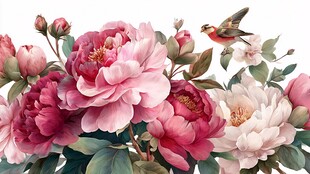 娇艳牡丹旁的灵动小鸟