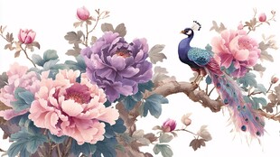 孔雀栖于牡丹花枝间