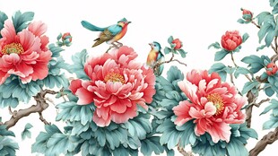 花开富贵间双鸟栖枝头