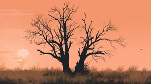 夕阳下的枯树剪影