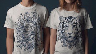 个性虎纹花卉图案情侣T恤