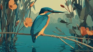 翠鸟栖息于生机盎然水边