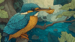 翠鸟衔鱼于繁茂林间