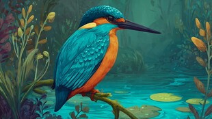 翠鸟栖息于繁茂水边植物间