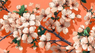 橙色背景下的烂漫樱花枝