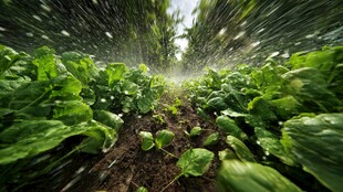 菜园中喷洒水雾滋养绿叶