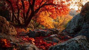 秋日枫林间的斑斓景致