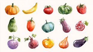 水彩绘多彩果蔬集合