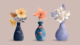 三个彩花瓶中的缤纷花卉