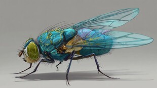 蓝色金属质感写实苍蝇插画