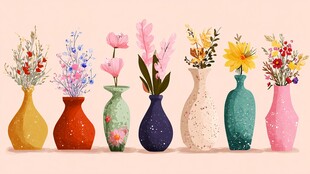 多彩花瓶插满缤纷鲜花