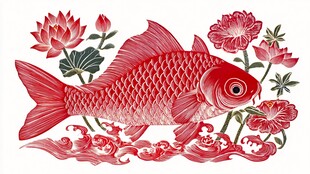 红鲤戏花图