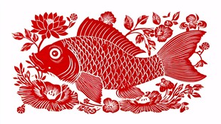 喜庆剪纸风红鲤鱼花卉图