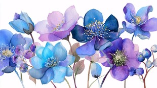 梦幻蓝紫色花卉水彩插画