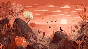 夕阳下的海边植物与飞鸟