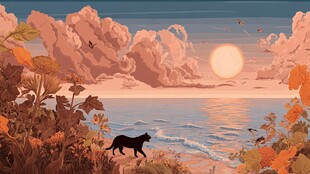 黑猫漫步于秋日海滨美景