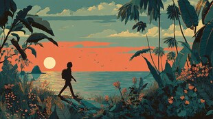 海边徒步的孤独旅人