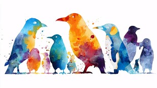 水彩绘多彩鸟儿群像