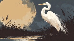 月下白鹭立岸畔