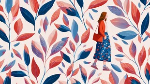 漫步花叶间的时尚女子