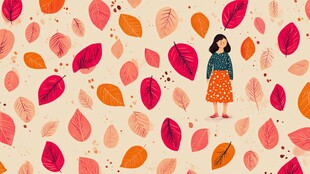 女孩置身缤纷秋叶之中