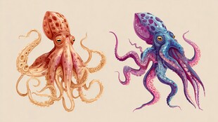 两只色彩缤纷的可爱章鱼