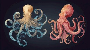 两只色彩斑斓的可爱章鱼