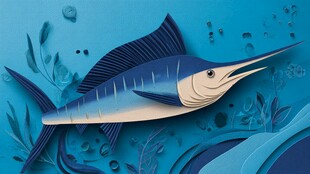 蓝色纸艺剑鱼的海底世界