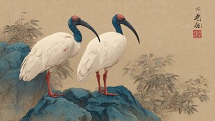 双朱鹮立于翠石之上