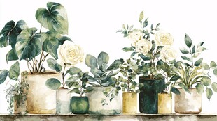 水彩绘绿植盆栽静物图