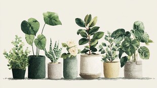 一排清新绿植盆栽展示