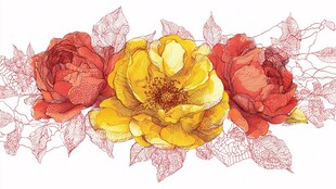 手绘多彩花卉与叶脉图案