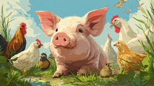 猪与鸡同框的田园场景