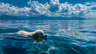 小狗在清澈湖水中惬意游泳