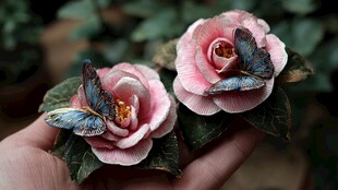 手捧蝶栖粉花精美饰品