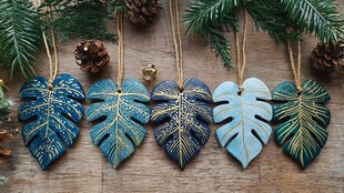 蓝绿龟背叶陶瓷圣诞装饰品