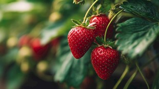 鲜红饱满的草莓挂在枝头