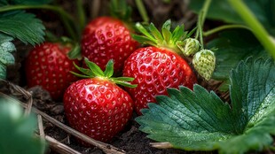 田间红嫩草莓与绿叶相伴